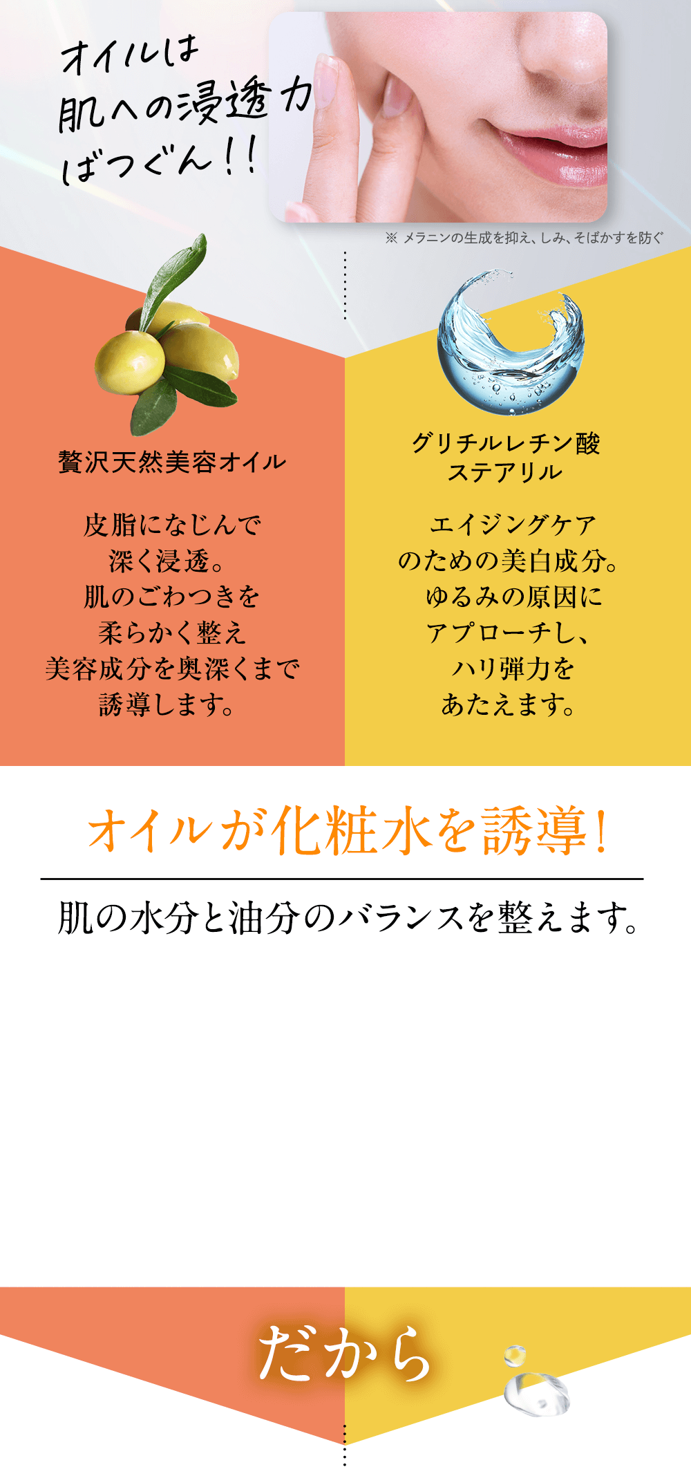 オイルは肌への浸透力ばつぐん！贅沢天然美容オイル、グリチルリチン酸ステアリル。オイルが化粧水を誘導し、肌の水分と油分のバランスを整えます。